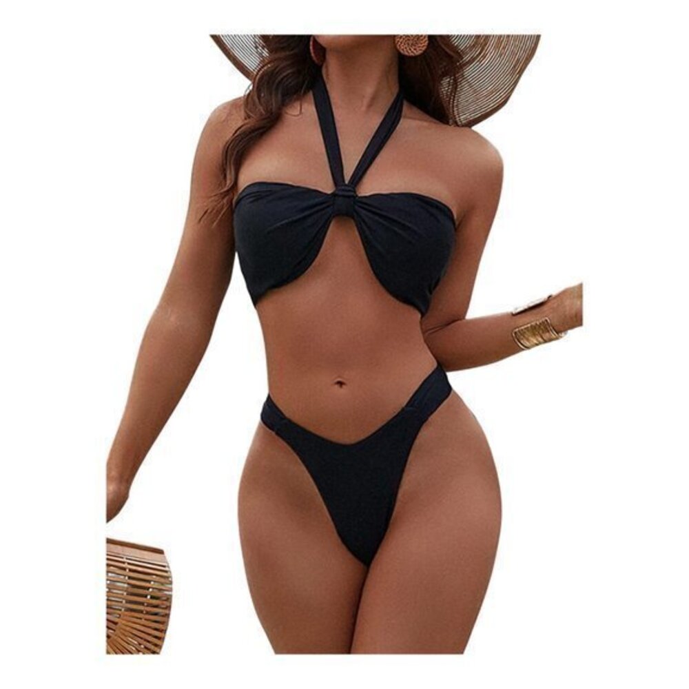 Black High Cut Bikini Set Halter Cheeky Sexy Swimsuit Knot Size Med NWT #7917
